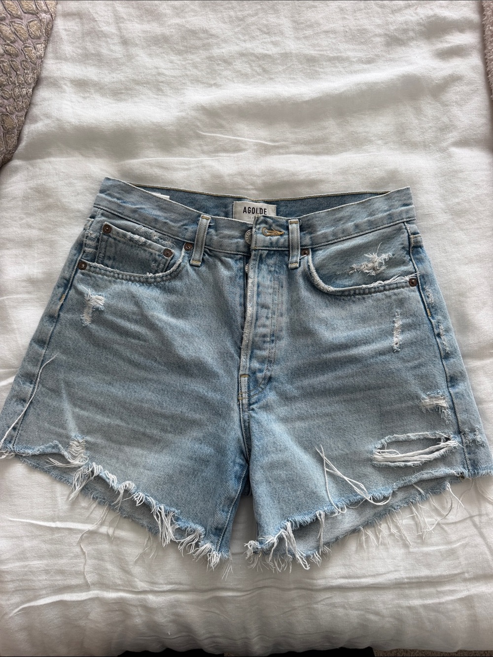 Agolde Light Blue Distressed High-Rise Denim Shorts